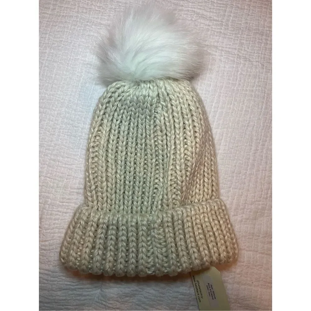 NWT HatAttack Bryce Knit Beanie Ivory Removable Pom